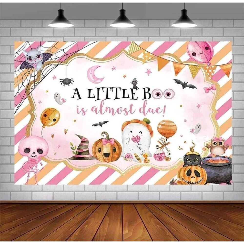 Halloween Baby Shower Photo Backdrop- A Little Boo is Almost Due- 7X5 ft- Pink